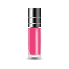 Realistic nail polish 3D vector illustration, template mockup glass bottle.