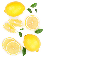 Fototapeta na wymiar lemon and slices with leaf isolated on white background with copy space for your text. Flat lay, top view