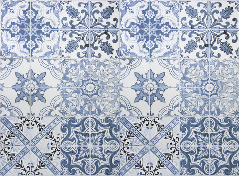 Vintage ceramic tiles wall decoration.Turkish ceramic tiles wall background