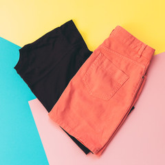 maroon t-shirt and denim skirt for fashion woman. minimal flat lay, pastel