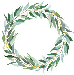 Wedding greenery wreath. Watercolor illustration with eucalyptus.
