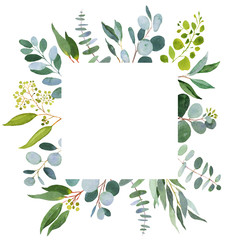 Wedding greenery square template. Watercolor illustration with eucalyptus.