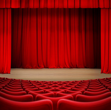 theater curtain on stage with red seats 3d illustration