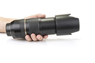 Zoom and fix lenses on camera on the white background