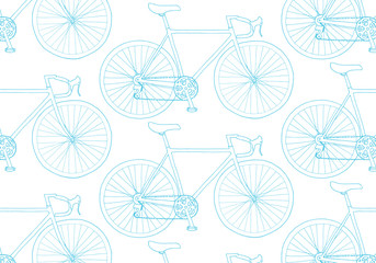 Vector hand drawn bicycle pattern in blue color on white background