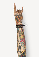 Hand with tattoo raised up