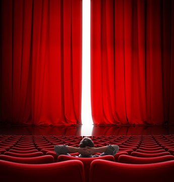 VIP sitting in front of slightly open movie theater red curtain 3d illustration