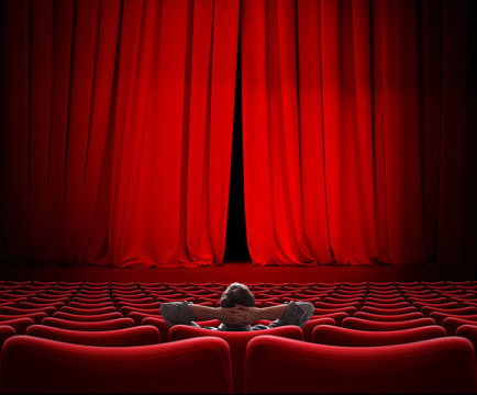 man sitting alone in VIP movie theater hall 3d illustration