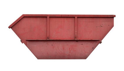 Red trash container with scratches isolated on white background
