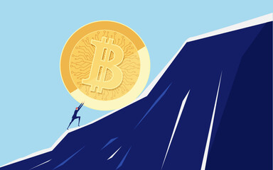 Businessman pushing a big Bitcoin up the hill. Business problem crisis hardship and burden concept.