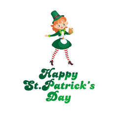 Saint Patrick’s Day poster with the image of a leprechaun girl. Vector illustration isolated on the white background.