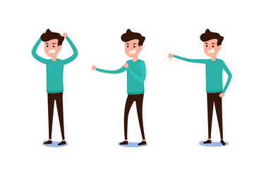 Freelance character Design. Set of guy in casual clothes in various poses angry emotions. Different emotions and poses.