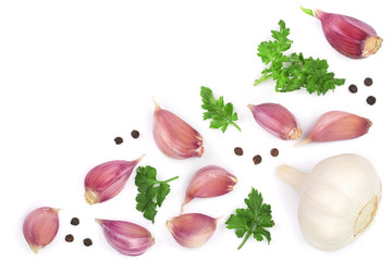 garlic with peppercorns and parsley isolated on white background with copy space for your text. Top view. Flat lay