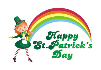 Saint Patrick’s Day poster with the image of a leprechaun girl. Vector illustration isolated on the white background.