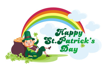 Saint Patrick’s Day poster with the image of a leprechaun. Vector illustration isolated on the white background.