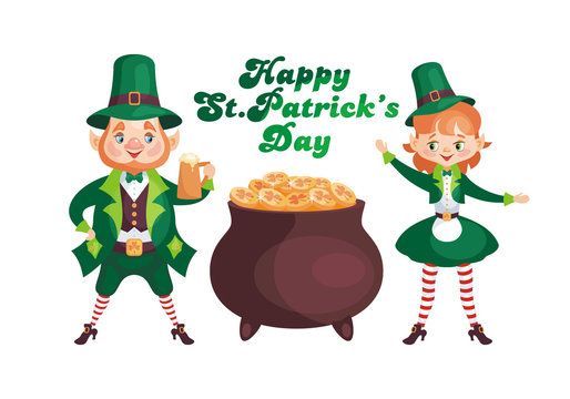 Saint Patrick’s Day poster with the image of a leprechauns. Vector illustration isolated on the white background.