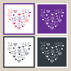 Set of Greeting cards for Valentine's Day, Mother's Day, Father's Day, birthday, wedding. Vintage hearts of hand drawn elements. Doodles, sketch. Vector illustration. 