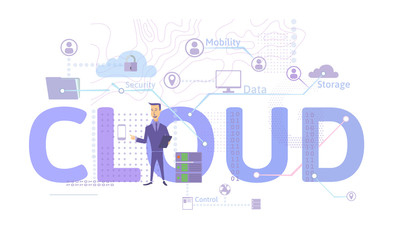 Cloud computing concept. Information technology. Vector illustration in flat style, isolated on white background.