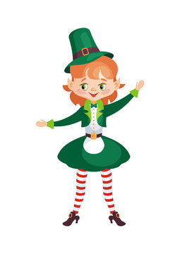 Image of a leprechaun girl in cartoon style. Saint Patrick’s Day illustration isolated on the white background.