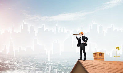 Engineer man standing on roof and looking in spyglass. Mixed media