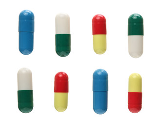 pill capsule isolated on white background. Top view. Flat lay