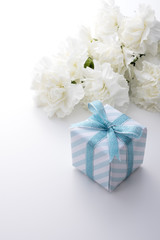 青色のギフトボックスと白いカーネーション