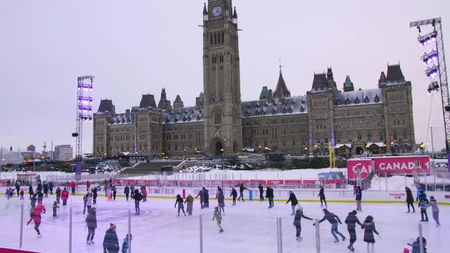 Tilt down of Canadian Parliament Skating Rink