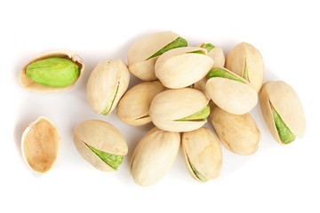 Pistachios isolated on white background, top view. Flat lay