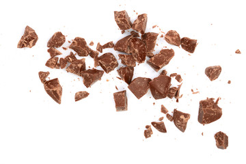 Chocolate pieces isolated on white. Top view. Flat lay