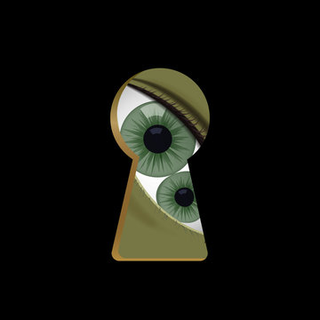 Green eyes in the keyhole. Monster look vector illustration. Halloween. Double pupil.