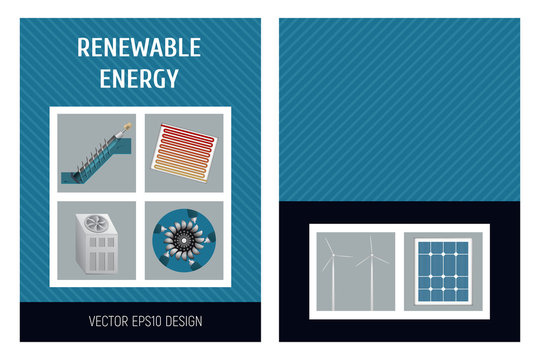 Template booklet. The concept of renewable energy. Wind turbine, heat pump, turbine and solar panel. Vector illustration.