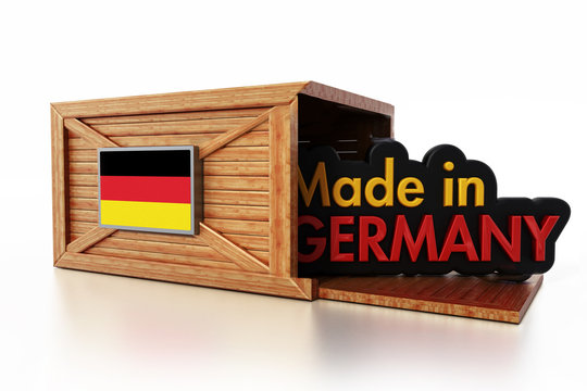 Made in Germany text inside cargo box with German flag. 3D illustration