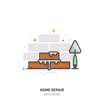 Home repair logo. Brickwork, a wall of bricks, a spatula. Line design. Vector illustration.