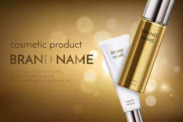 A beautiful cosmetic ads template, golden bottle hair oil with white cosmetic tube in 3d on a gold shiny background with bokeh and lighting flare effect