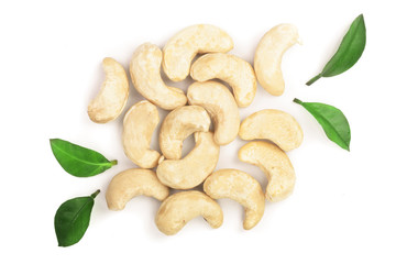 cashew nuts with leaves isolated on white background. top view. Flat lay
