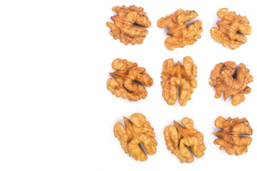 walnut kernels isolated on white background with copy space for your text. Top view. Flat lay