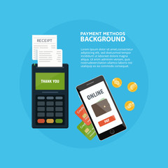 Methods payment concept. POS terminal confirm the payment. NFC payment. Online bank. Credit card. Cash.