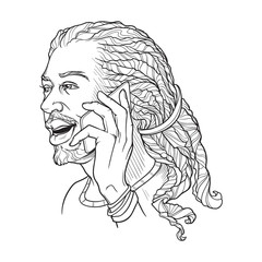 Afro-American young man with dreadlocks speaking on the phone and smiling. Black and white linear sketch isolated n white background. EPS10 vector illustration