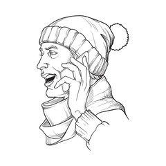European young man in winter clothes speaking on the phone and smiling. Black and white linear sketch isolated n white background. EPS10 vector illustration