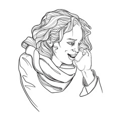European young woman in winter clothes speaking on the phone and smiling. Black and white linear sketch isolated n white background. EPS10 vector illustration