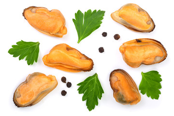 mussels with parsley and peppercorns isolated on white background. Top view. Flat lay