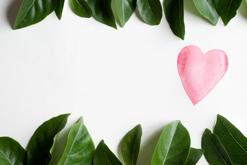 Fototapeta premium Hand drawn Illustration of red watercolor heart with brush and Green leaf on top and bottom ,White background free space at left side for text and LOGO or your brand