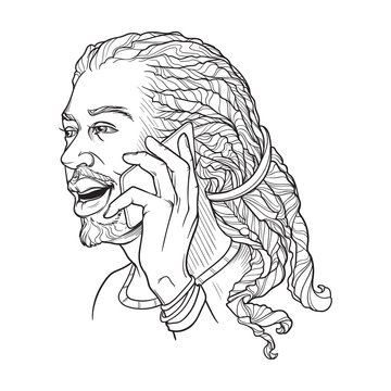 Afro-American young man with dreadlocks speaking on the phone and smiling. Black and white linear sketch isolated n white background. EPS10 vector illustration