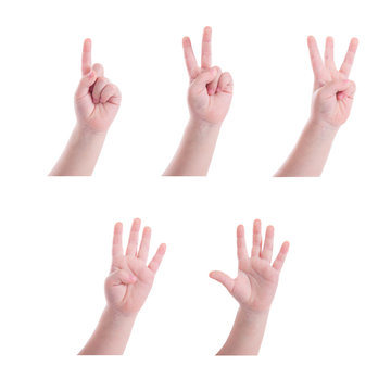 Collection of child hand counting number one to five over white background