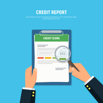 Close-up of person hands with clipboard credit score and magnifier glass. Concept personal credit score information. Vector illustration in flat style.