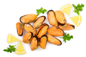 mussels with parsley and lemon isolated on white background. Top view. Flat lay