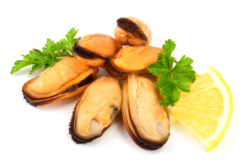 three mussel with parsley leaf isolated on white background