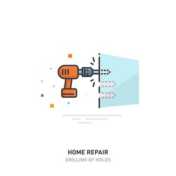 Home repair logo. Drilling holes in the wall. Drill and screwdriver. Line design. Vector illustration.