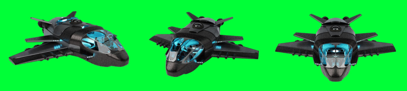 Futuristic spacecraft collection isolated on green background 3D rendering