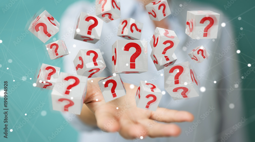Poster Businesswoman using cubes with 3D rendering question marks